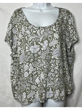 Simply Shabby Chic Rachel Ashwell Plus 3X Green Floral 100% Linen Top